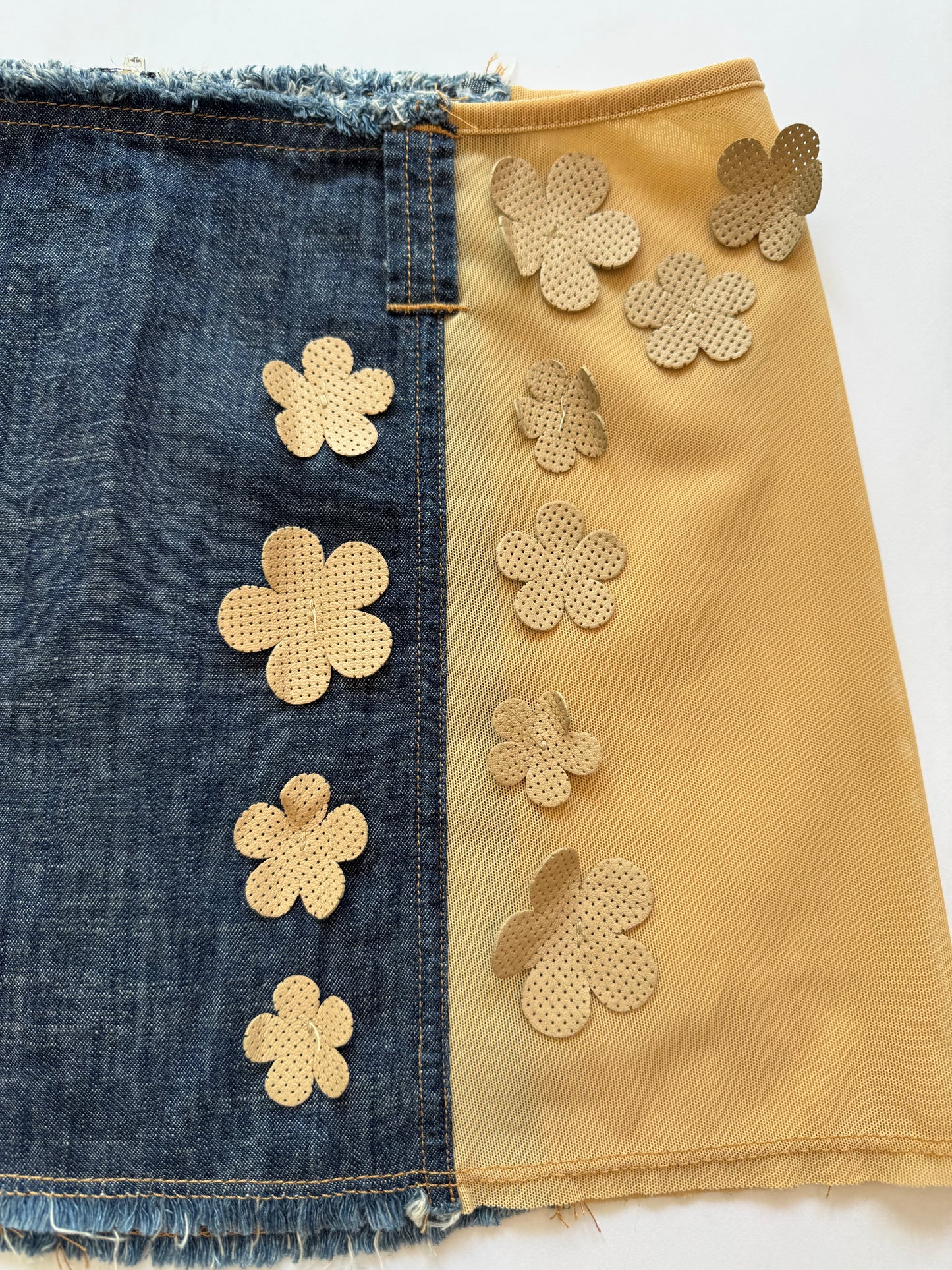 Italian Vintage Jean and Mesh Mini Skirt with Flower Appliqués