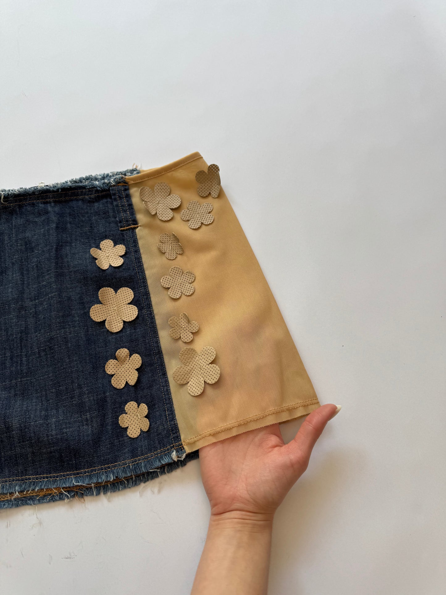 Italian Vintage Jean and Mesh Mini Skirt with Flower Appliqués