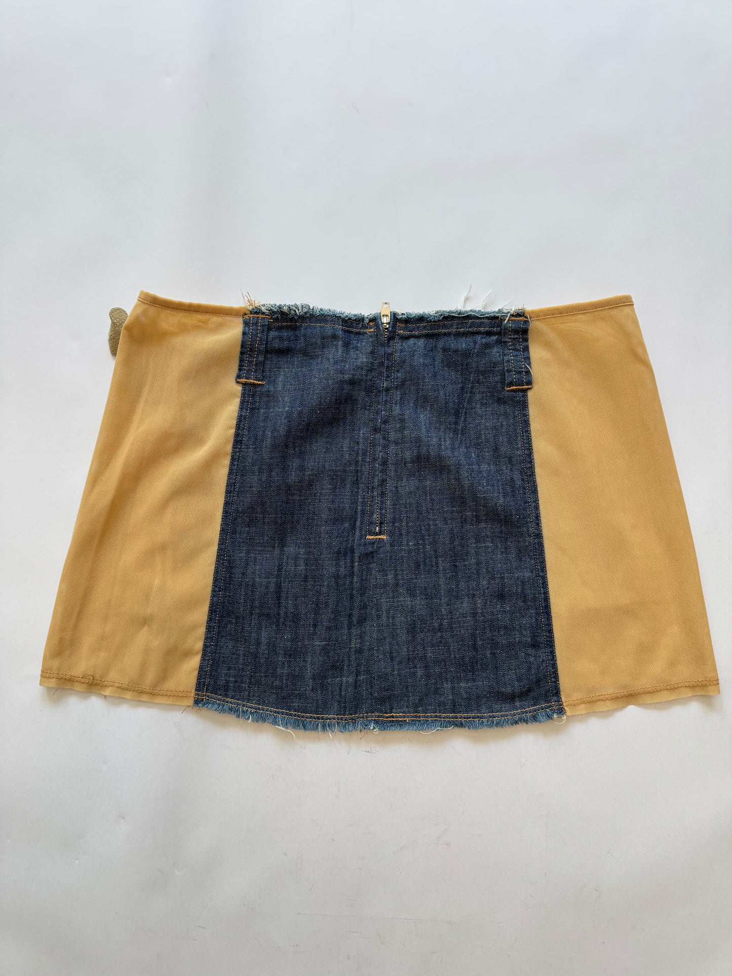 Italian Vintage Jean and Mesh Mini Skirt with Flower Appliqués