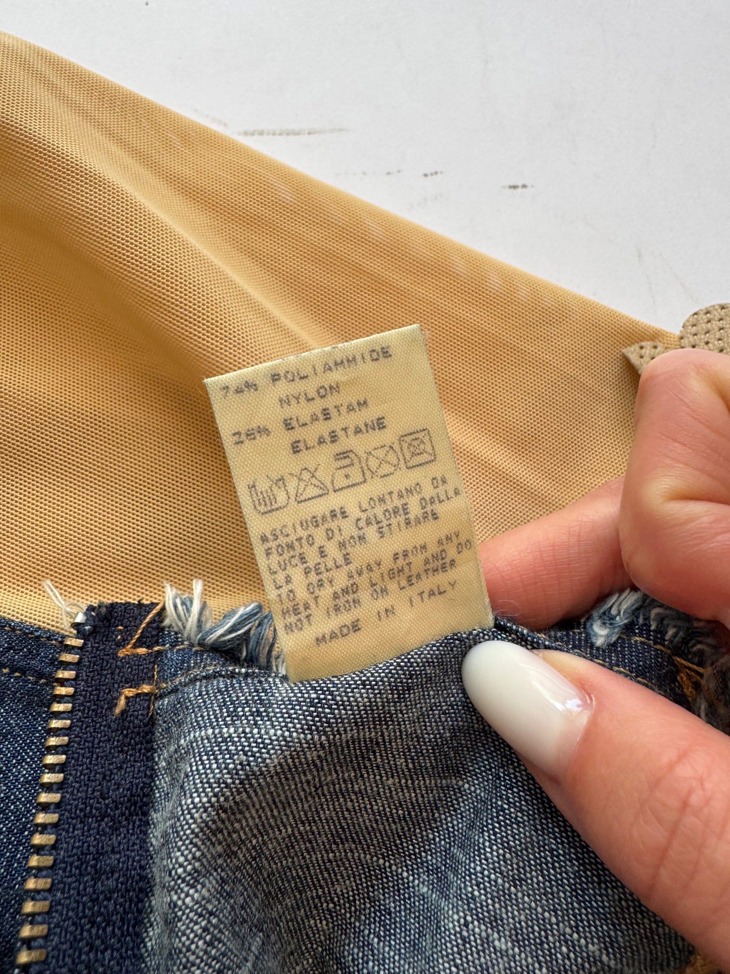 Italian Vintage Jean and Mesh Mini Skirt with Flower Appliqués