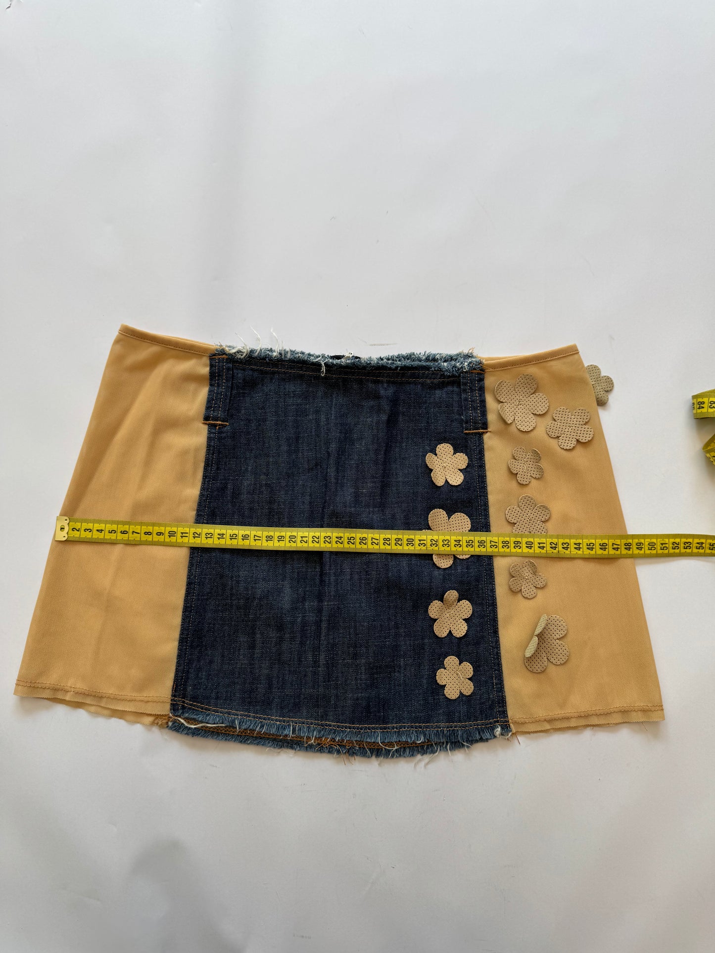 Italian Vintage Jean and Mesh Mini Skirt with Flower Appliqués