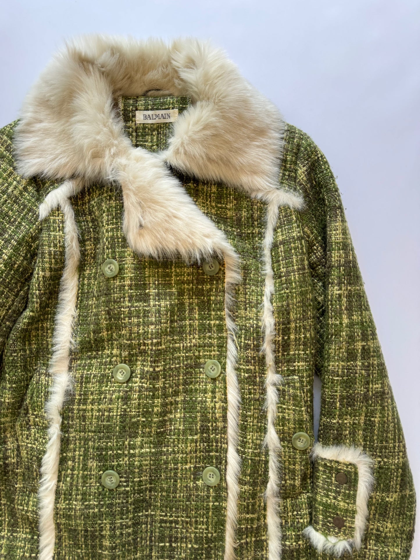 Balmain Green Tweed Coat with Faux Fur