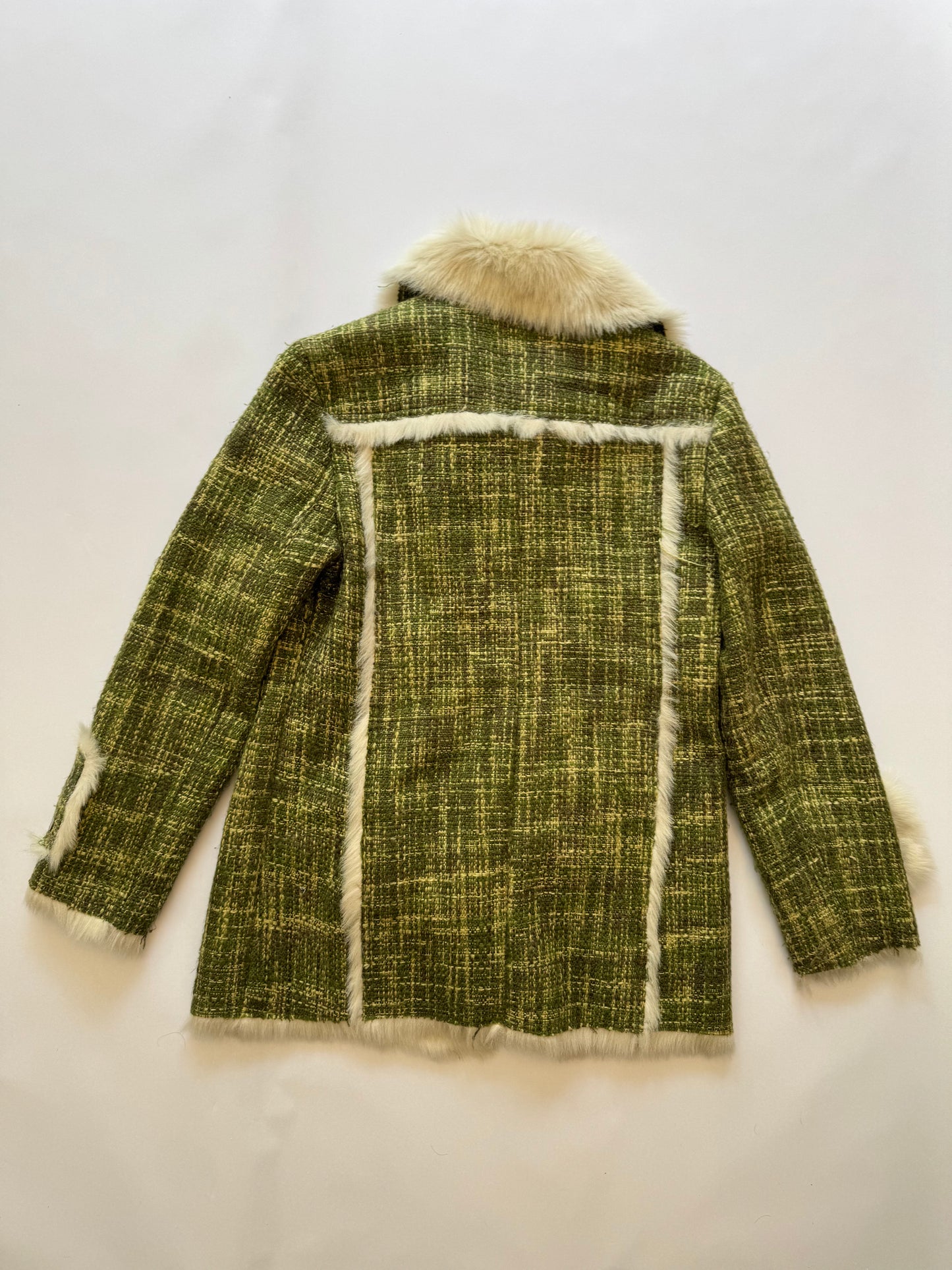 Balmain Green Tweed Coat with Faux Fur