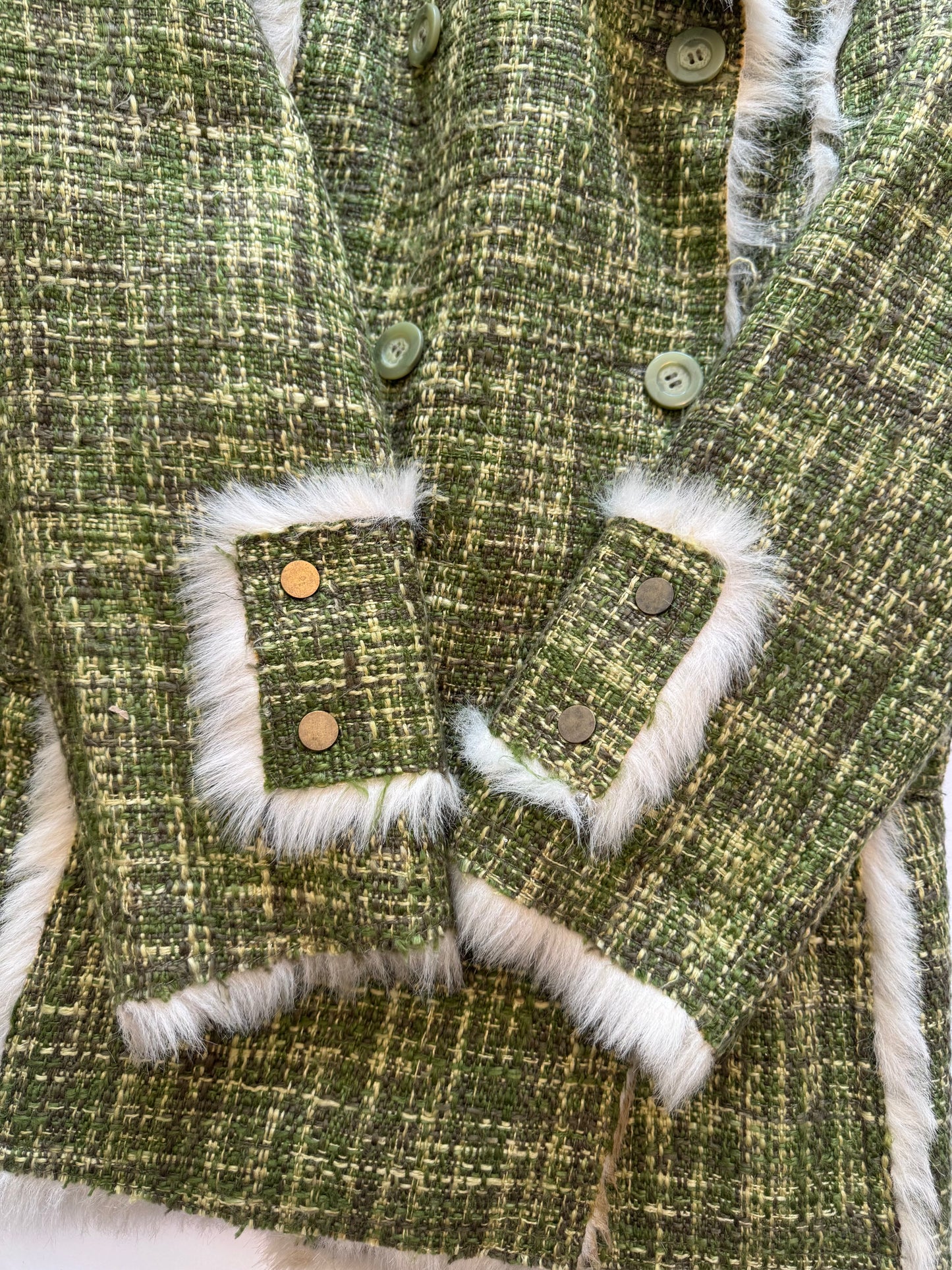 Balmain Green Tweed Coat with Faux Fur