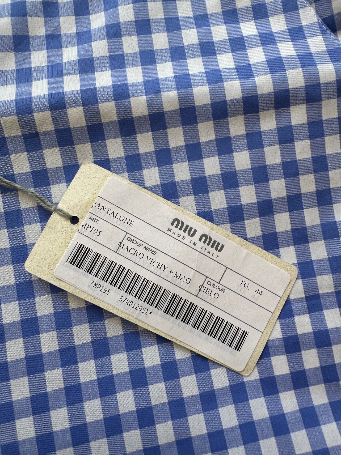 Miu Miu SS 2000 Blue Check Vichy Pants with tags. IT 44.