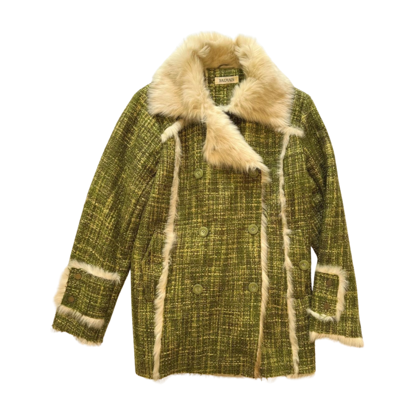 Balmain Green Tweed Coat with Faux Fur
